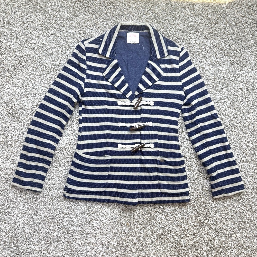 2012 Quiksilver Womens S Navy Cream Stripe Toggle Blazer Jacket Nautical Preppy